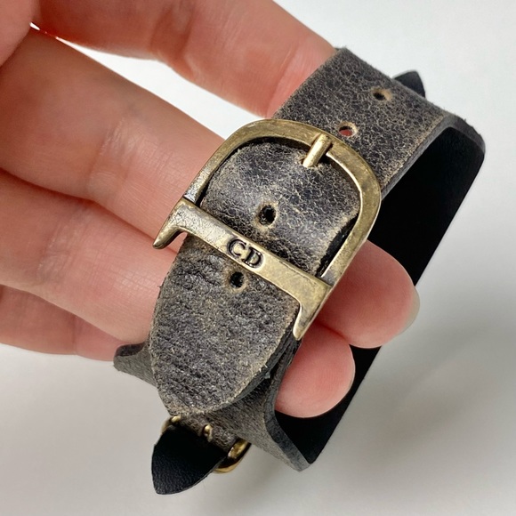 VTG Christian Dior Brown Leather Bronze Saddle D Charm Belt Buckle Logo Bracelet - Picture 11 of 15